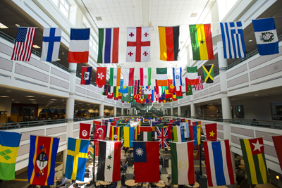 International Week flags in the Johnson Center. Photo by Evan Cantwell/Creative Services/George Mason University