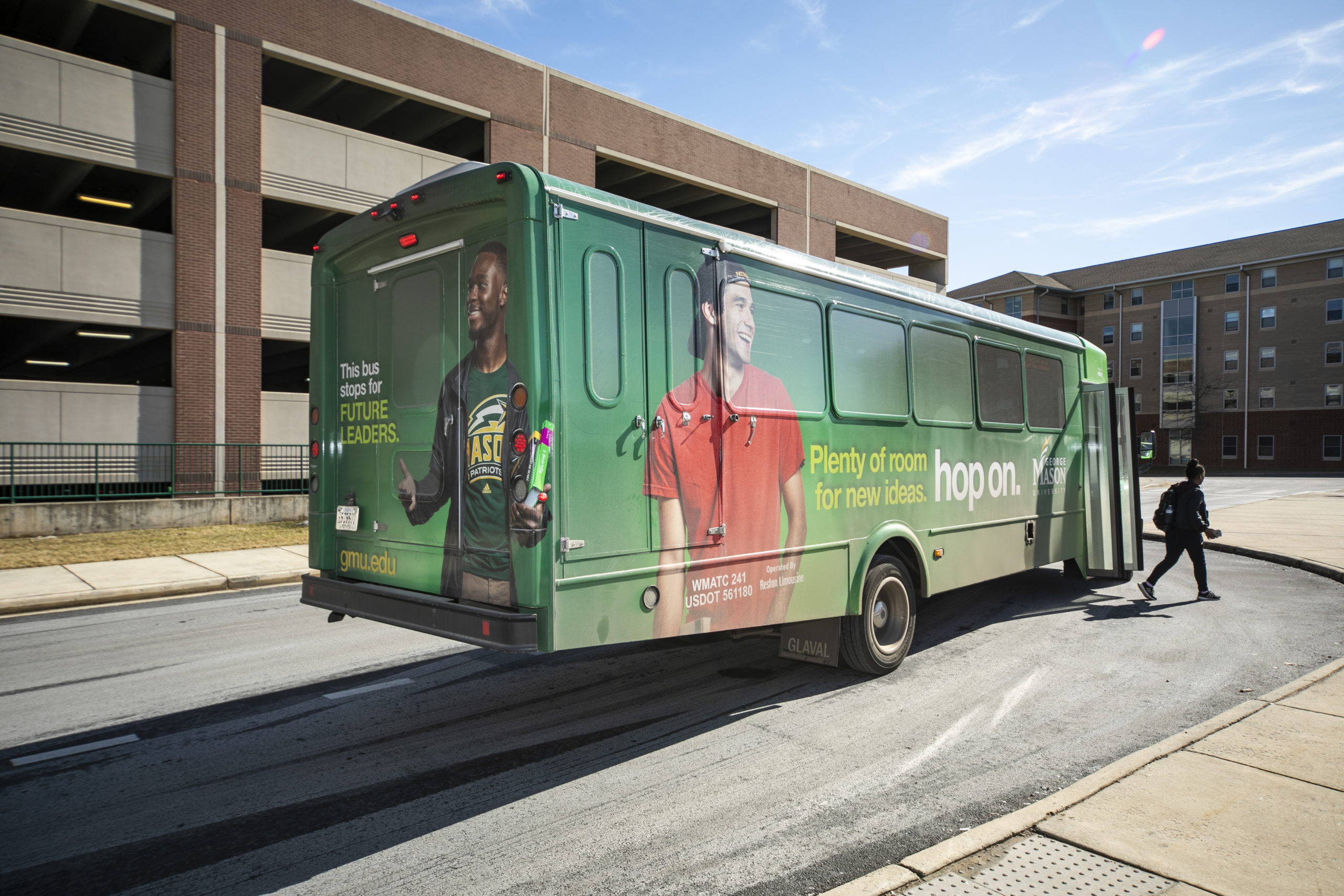 Mason Shuttle bus parked on Fairfax Campus