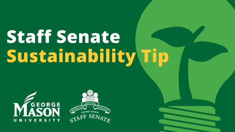 A green lightbulb with a seedling inside, on a darker green background. The logos of George Mason University and the Staff Senate. Heading reads Staff Senate Sustainability Tip.