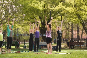 Students participate in outdoor Yoga. 