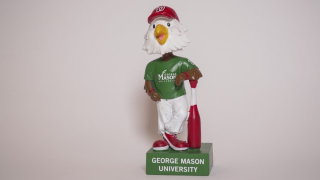 Washington Nationals George Mason Bobblehead. Nats Screech mascot with Mason jersey.