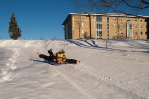 Melissa Cannarozzi sleds down a hill in the Rappahannock Neighborhood after snow covered the Fairfax campus. Photo by Alexis Glenn/Creative Services/George Mason University