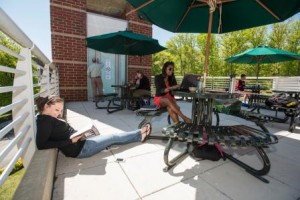 Students enjoy the newly opened patio at Southside at the Fairfax campus. Photo by Alexis Glenn/Creative Services/George Mason University