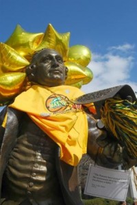 It's a tradition at Mason to dress the George Mason statue to mark a variety of events throughout the year. Photo by Evan Cantwell/Creative Services/George Mason University