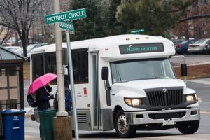 On a frozen day, the Mason Shuttles transport faculty, staff and students safely between the Fairfax Campus and Prince William Campus and the Vienna Metro station. Photo by Evan Cantwell/Creative Services/George Mason University