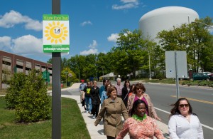 Participants of Wellness by Mason take the inaugural walk of the Yellow Birch Trail, a 1.6 miles walking trail that mirrors Patriot Circle at Fairfax Campus. Photo by Alexis Glenn/Creative Services/George Mason University